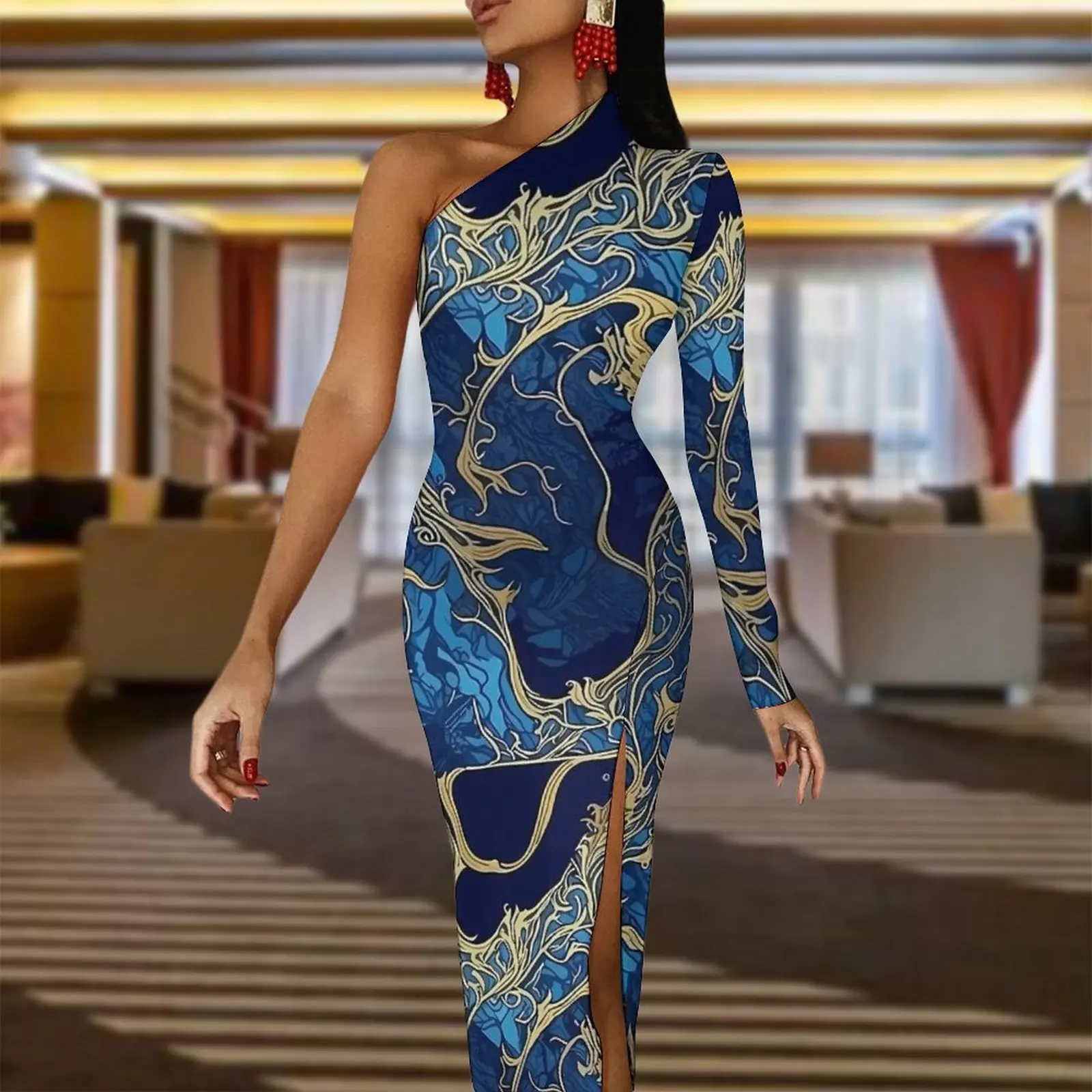 Abstract Japanese Seigaiha Bodycon Dress Women Blue Gold Elegant Maxi Dress Long Sleeve Street Wear Design Dresses Birthday Gift