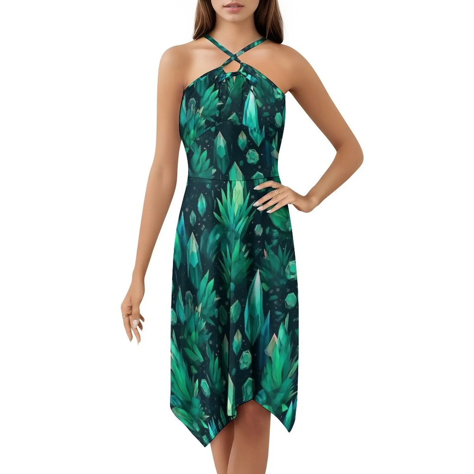 حقول الزمرد فستان عطلة مثير للنساء شاطئ حفلة عيد ميلاد فستان قصير كريستال الزمرد الأخضر ورقة عصارية امرأة