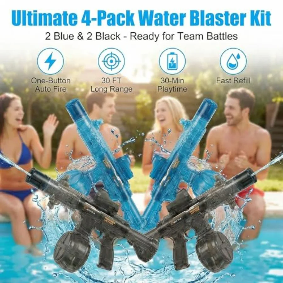 Electric Water Gun 4 Pack for competitive water fights, ABS plastic, blue and black, 26-30 FT long range with safety lock desig