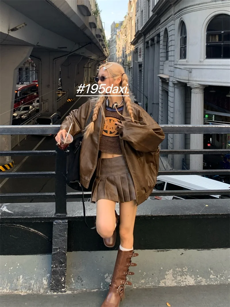 レディース バイカー スレ コーヒー レザー ジャケット 秋冬 ファッション デザイン レトロ アメリカン ジャケット コート ロング スリーブ ジッパー クロージャー