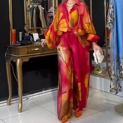 Lady Commute Two Piece 2025 Spring Summer Floral Print Office Set Women Fashion Button Long Sleeve Blouse Top+Wide Leg Pant Set