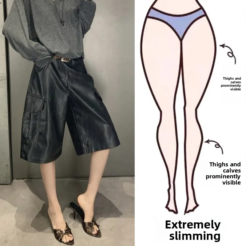 

High Waist Wide Leg Casual Pants Women's plus Size Black Five-Point Workwear Leather Pants Autumn Spring Loose Fit Trousers