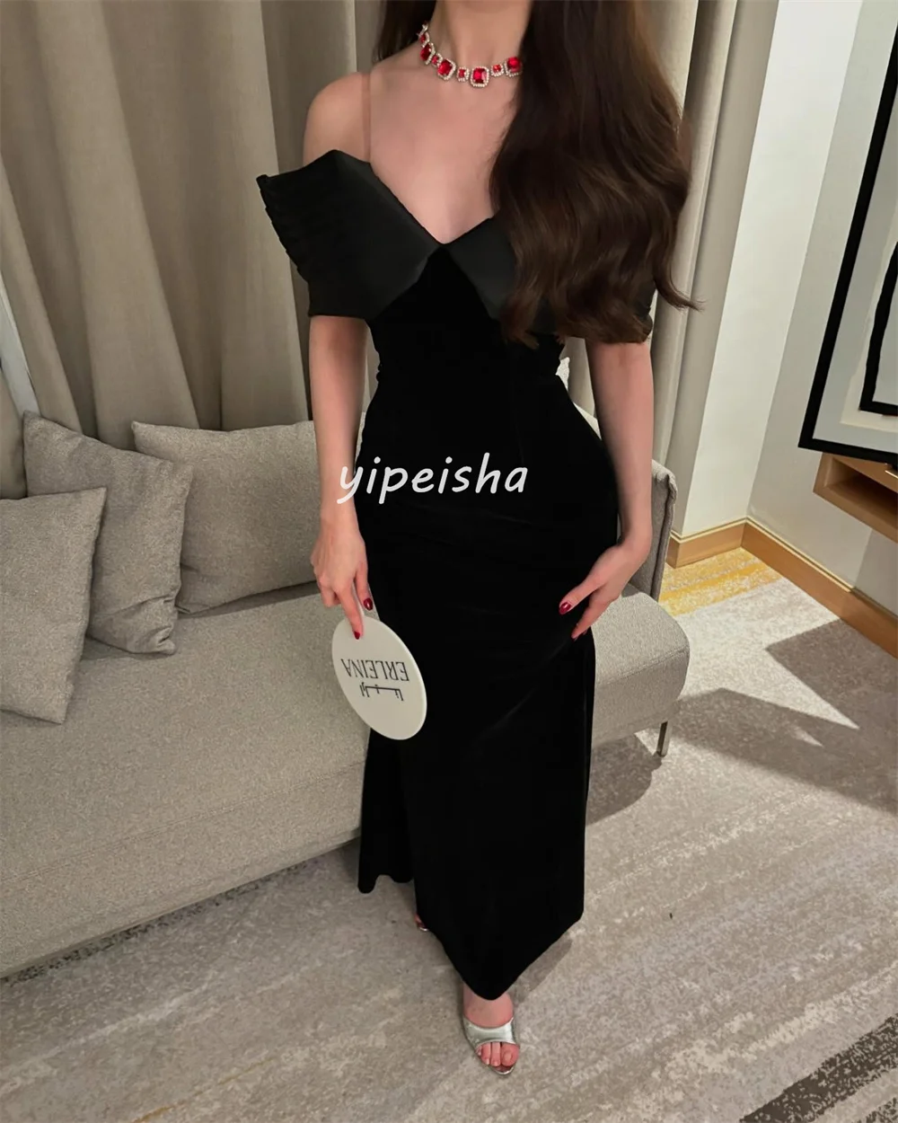 Op maat gemaakte bijpassende hoge kwaliteit jersey plooi ruches zeemeermin off-the-shoulder midi-jurken avondjurken maten beschikbaar retro