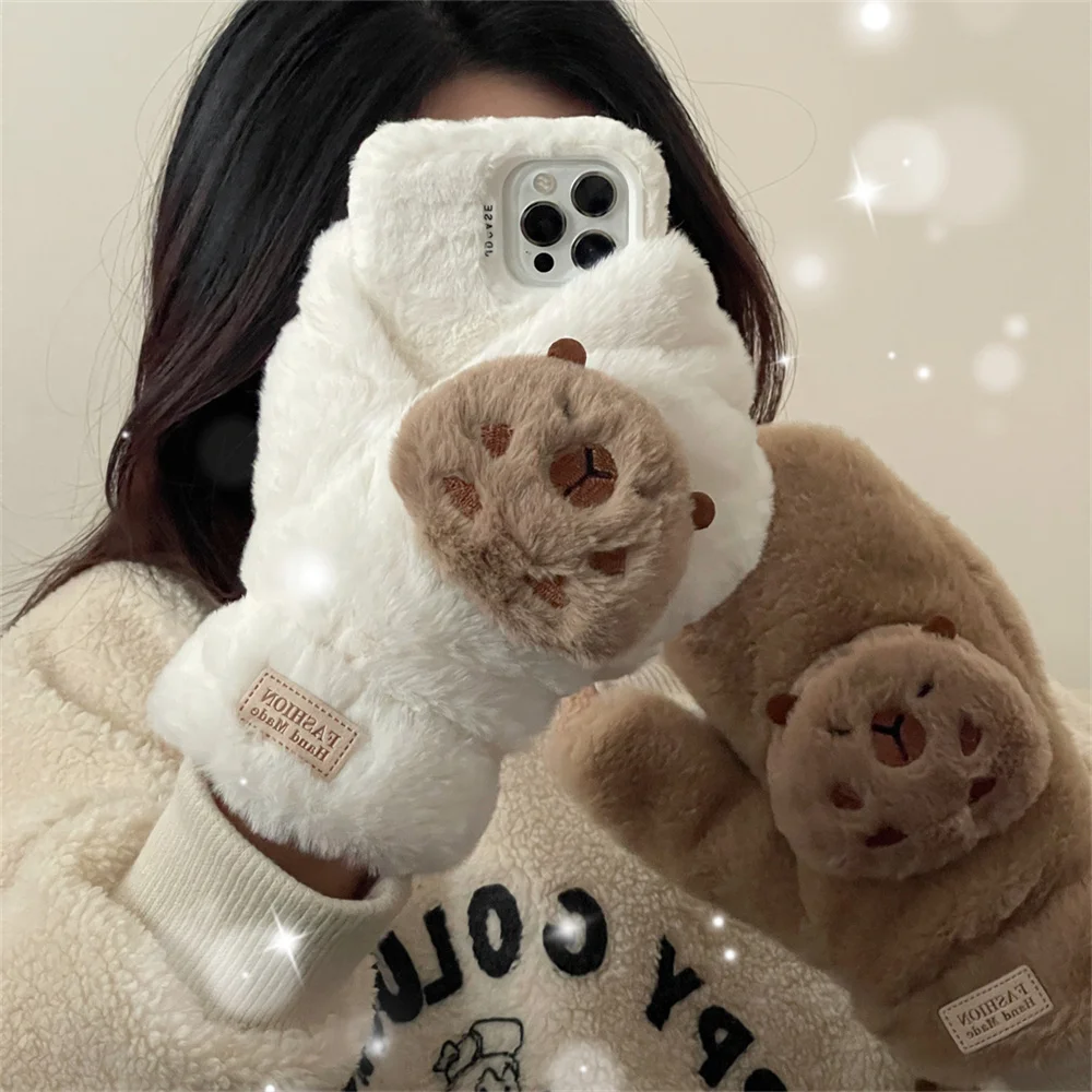 Winter Warm Fur Fluffy Shockproof Phone Case For iPhone 15 14 Plus 13 11 12 11Pro Max Soft Plush Cover Women Mittens Accessories