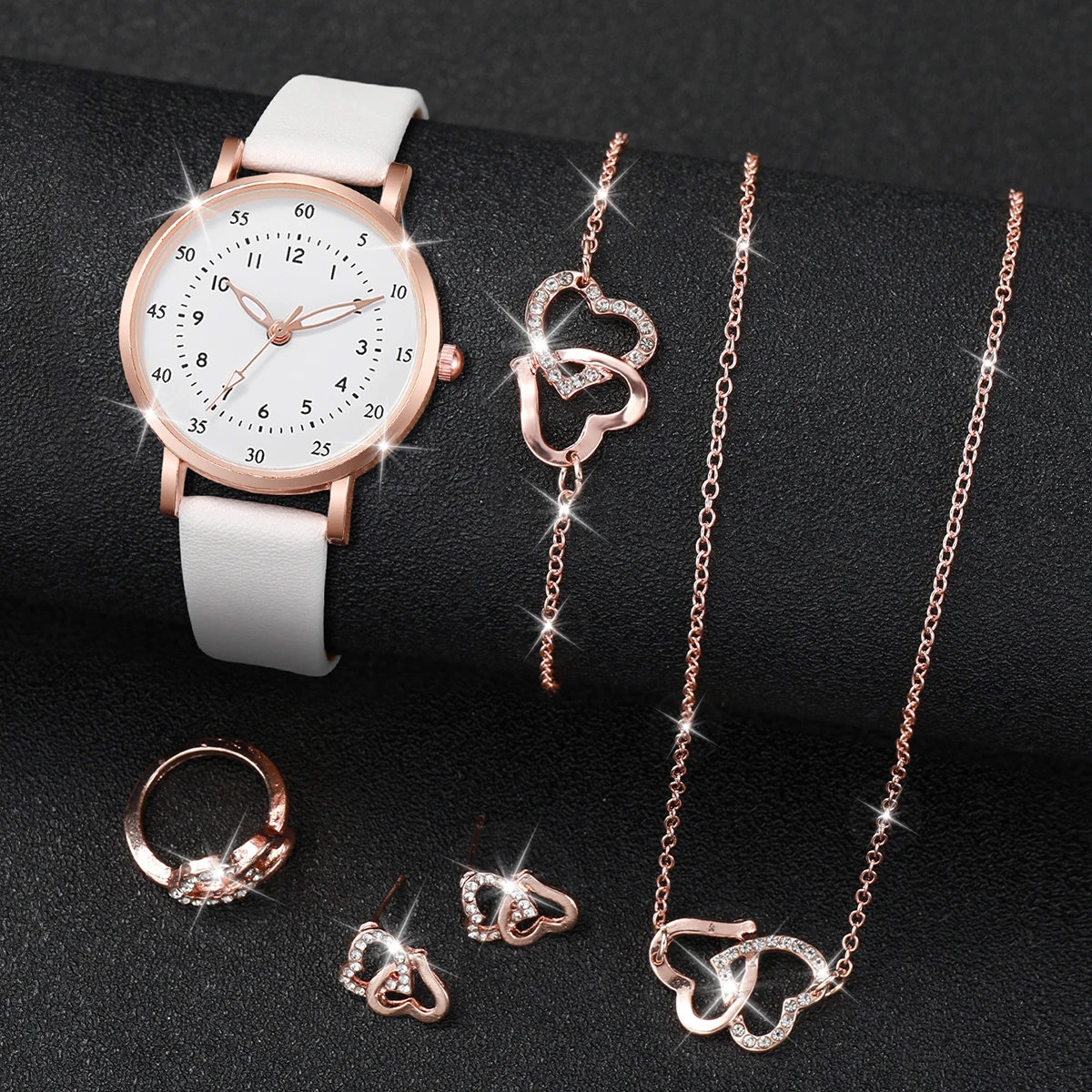 6PCS/Set Fashion Small Arabic Dial Women Watches Casual Leather Band Quartz Wrist Watch （Without Box）