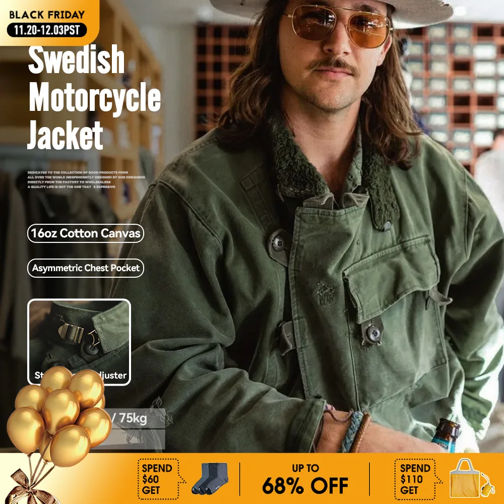 

Мужская куртка Maden Retro, 16oz Canvas, зеленая, бомбер, в стиле шведского мотоцикла, с карманами, для охоты, работы, повседневная носка, весна-осень