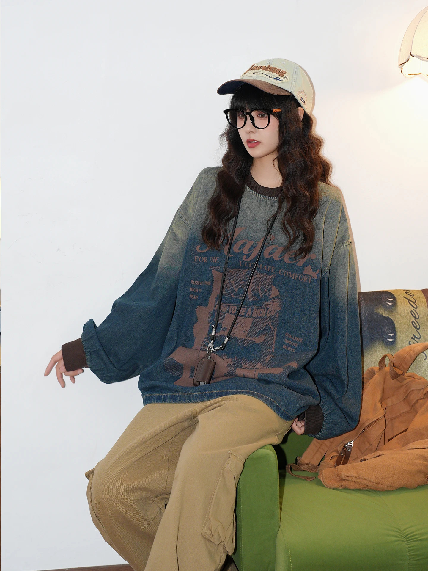 Retro American Star Print Shoulder Insert Long Sleeve T-Shirt Women Loose Casual Versatile Denim Top Street Style Cotton Poly...