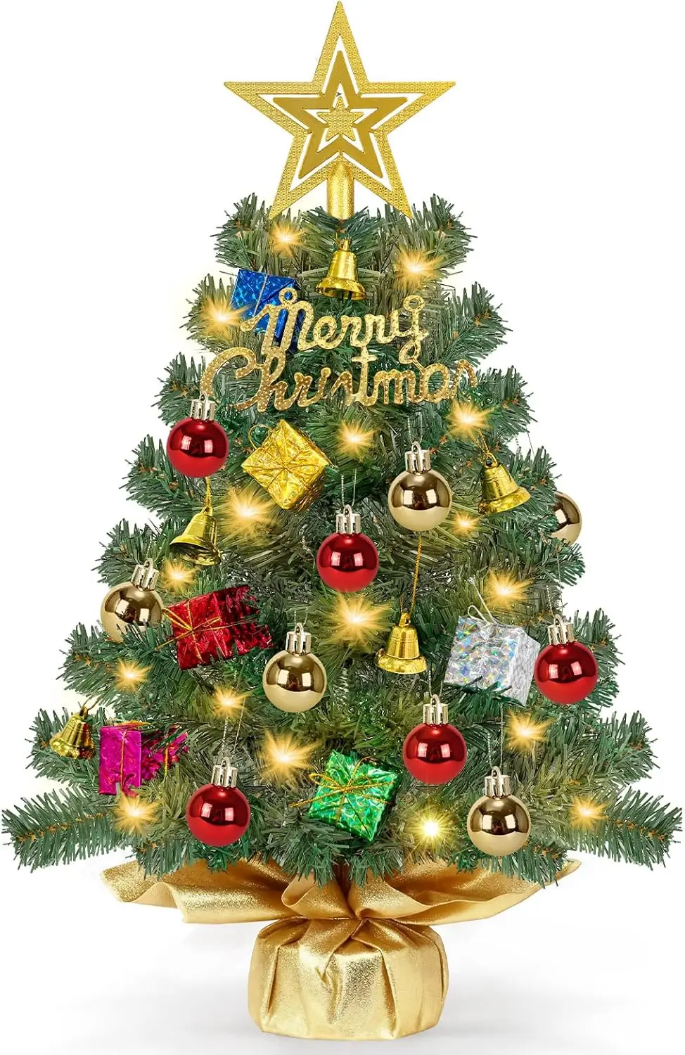 

24' Realistic Christmas Tree with 50 Lights, 8 Modes, Star Top & Ornaments – Indoor Tabletop Decor