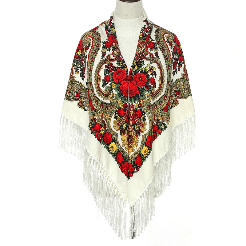 51*51in Women Scarf Square Shawl Retro Fringed Cotton Print Scarves Hijab Wraps Russian Ukrainian embroidery Cape Bandana