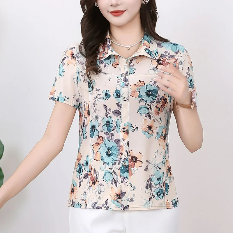 

Elegant Lapel Printed Spliced Floral Blouses Women's Clothing 2025 Summer New Loose Short Sleeve Chic Tops Office Lady Shirts