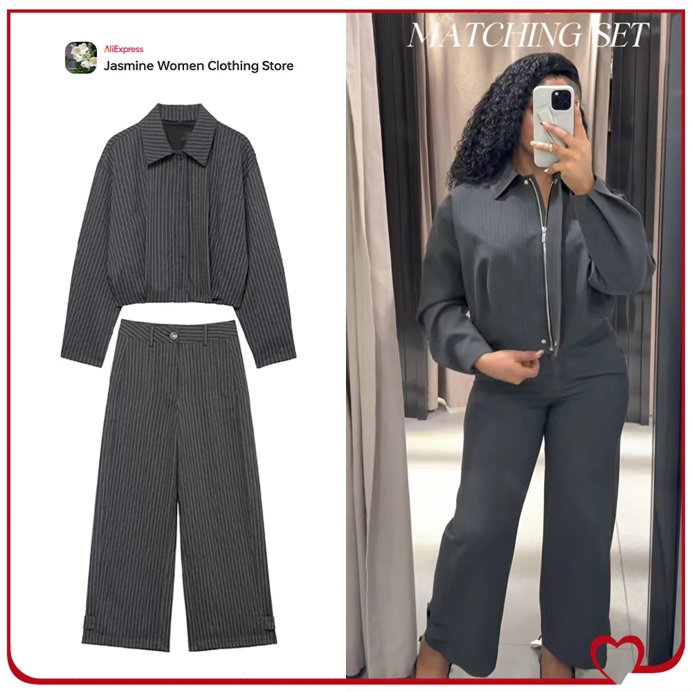 New in OL Style Matching Sets for Women Pinstripe 2 Piece Sets Cropped Balloon Bomber Jacket + Adjustable Hem Straight Leg Pants