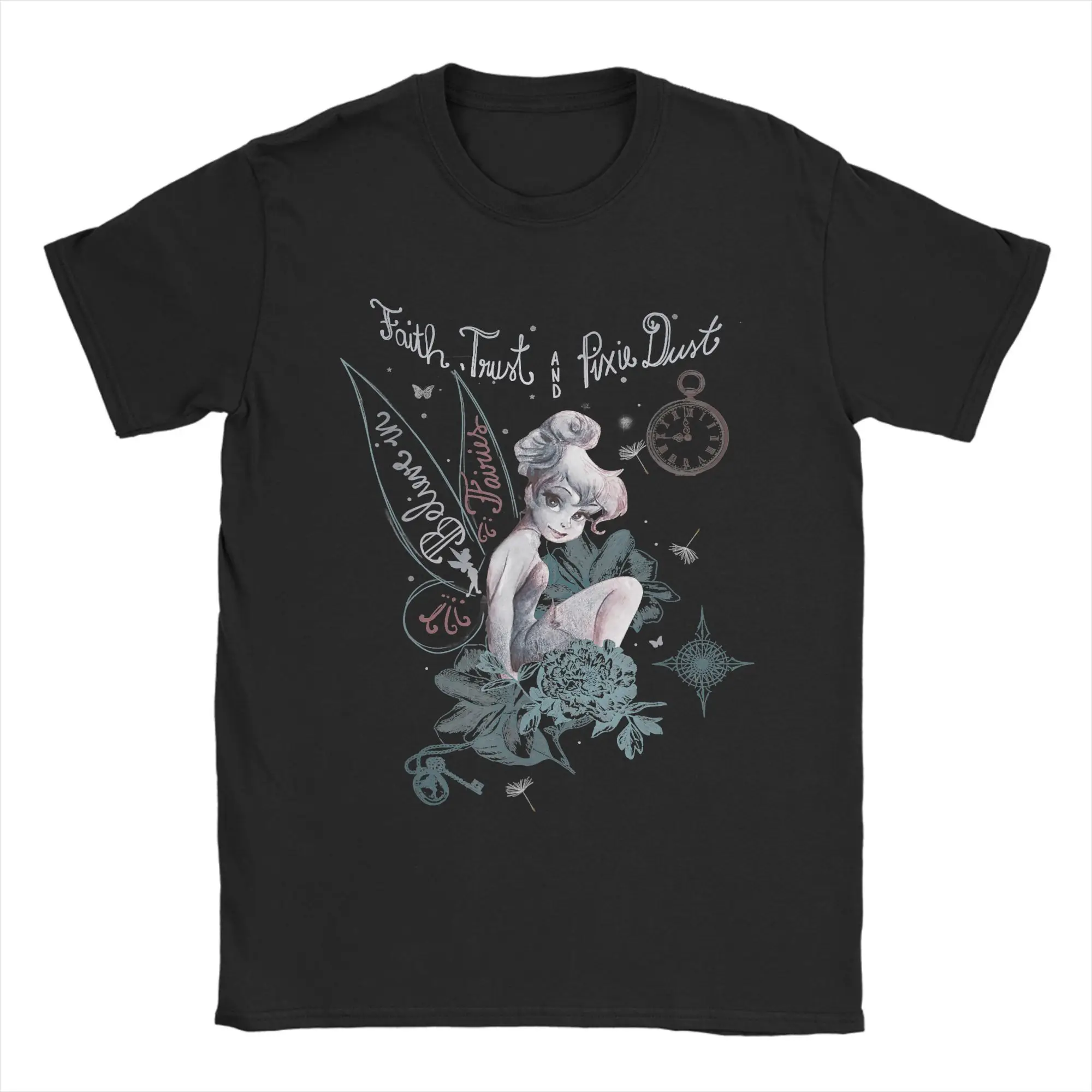 Camiseta con dibujo de Peter Pan Tinker Bell Believe para hombre, camisetas Vintage de algodón puro, camiseta con cuello redondo, camisetas de manga corta presentes