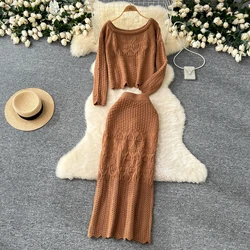 Women Two-Piece Sets Vintage O-neck Long Sleeve Short Top and High Waist Skirt Korean High Street Autumn Winter Knitted Clothing