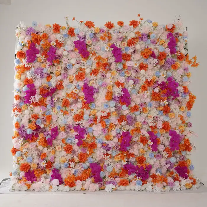 Mixed Flower series 3D custom orange pink artificial flower wall Rose Palm orchid outdoor banquet wedding background decoration