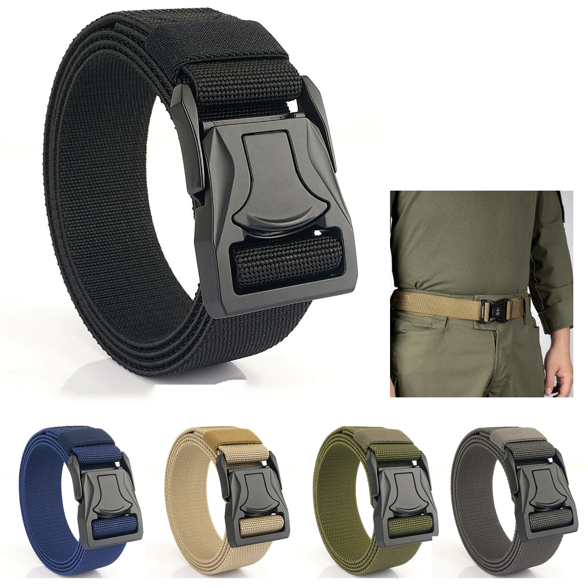 Metal Buckle Stretch Soft Nylon Quick Release Buckle Unisex Sport Belt Jeans Outdoor Casual Pants Belt Tactical Belt