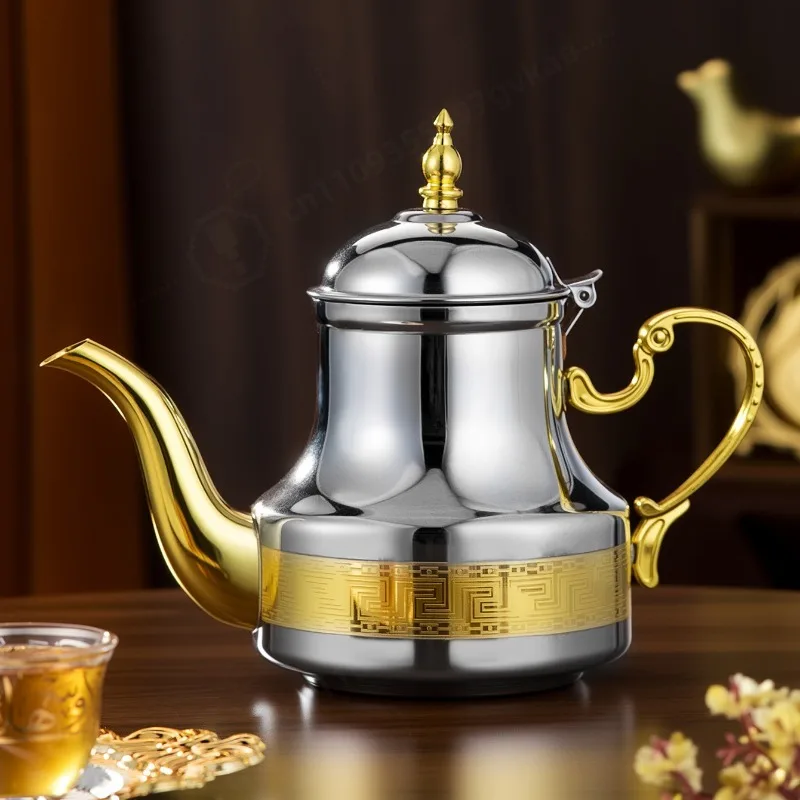 Heatable Golden Stainless Steel Arabic Dallah Coffee Pot Palace Style Middle Eastern Tea Coffee Kettle Household Heating Pot