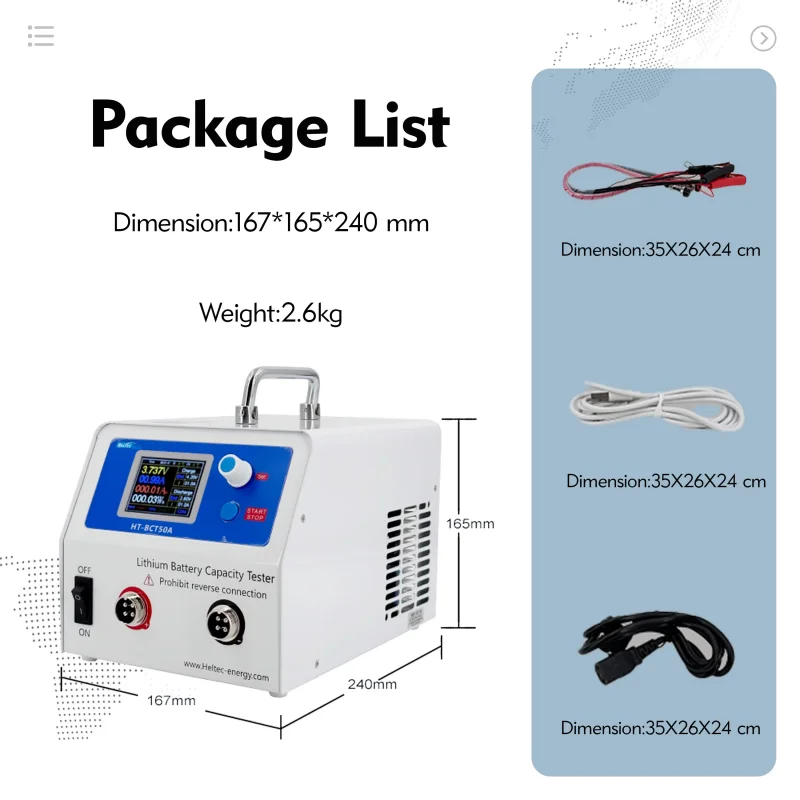 Heltec HT‑BCT50A Single‑Channel 5V 50A Lithium Battery Capacity Tester, Charge Discharge Cycle Balancing Analyzer for NCM LFP LTO 1‑2000Ah Cells, AC200‑220V 50/60Hz with PC Software