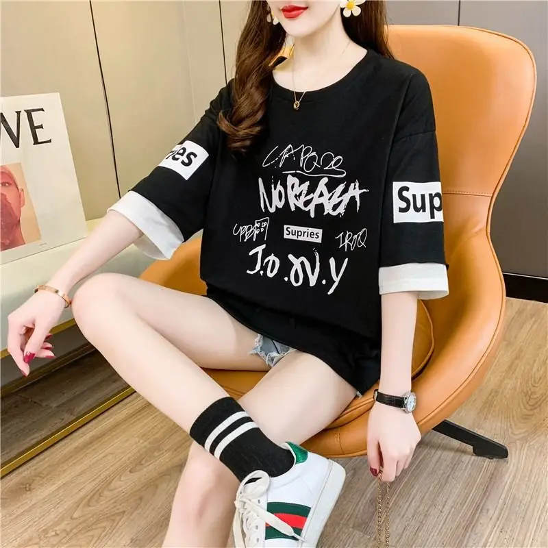 Fashion O-Neck Printed Spliced Fake Two Pieces T-Shirts Female Clothing 2024 Summer New Loose All-match Tops Casual Tee Shirt