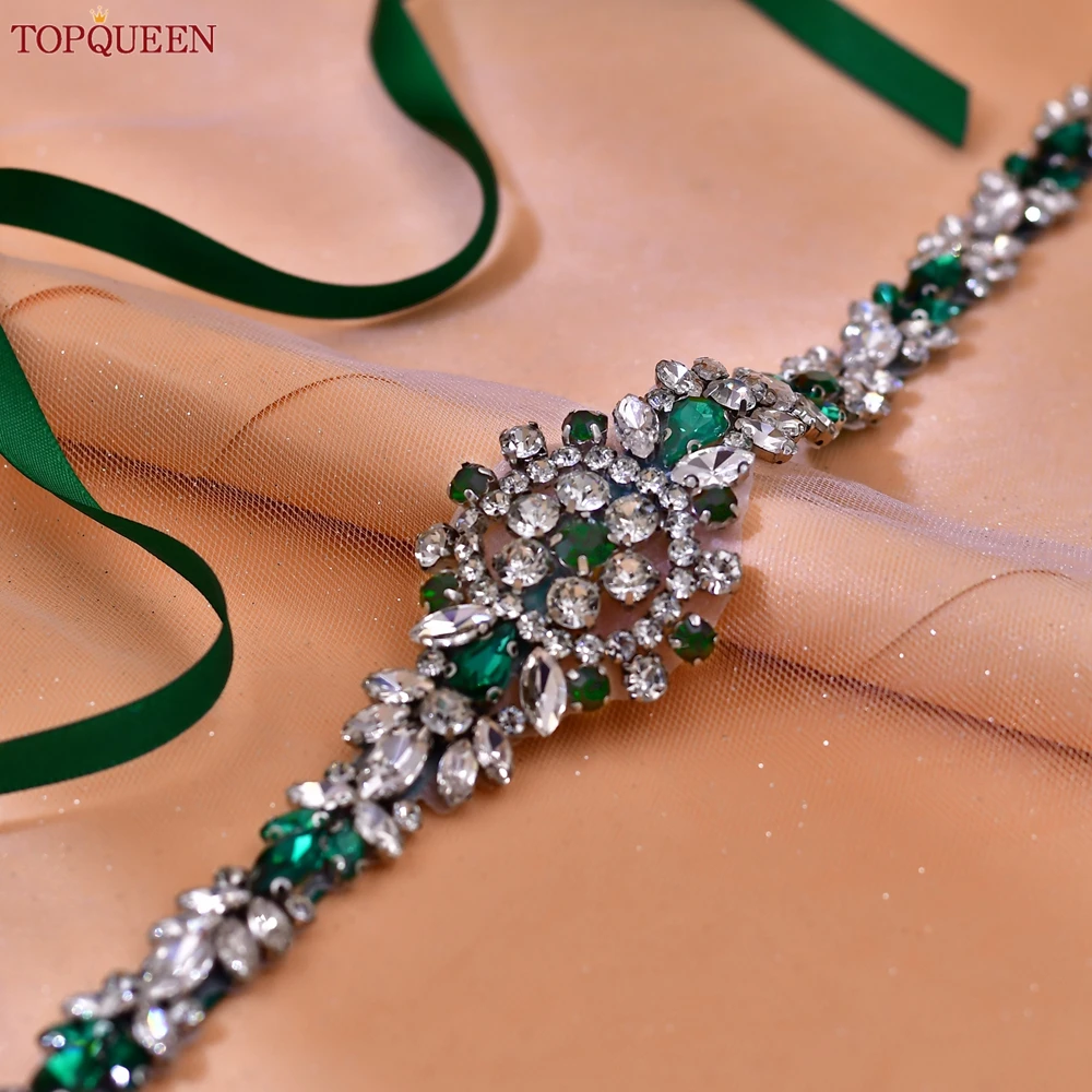 TOPQUEEN-Handmade Verde Rhinestone Cinto De Casamento, Acessórios De Noiva, Cinto De Espaguete, Decoração Do Vestido De Banquete, S124-KL