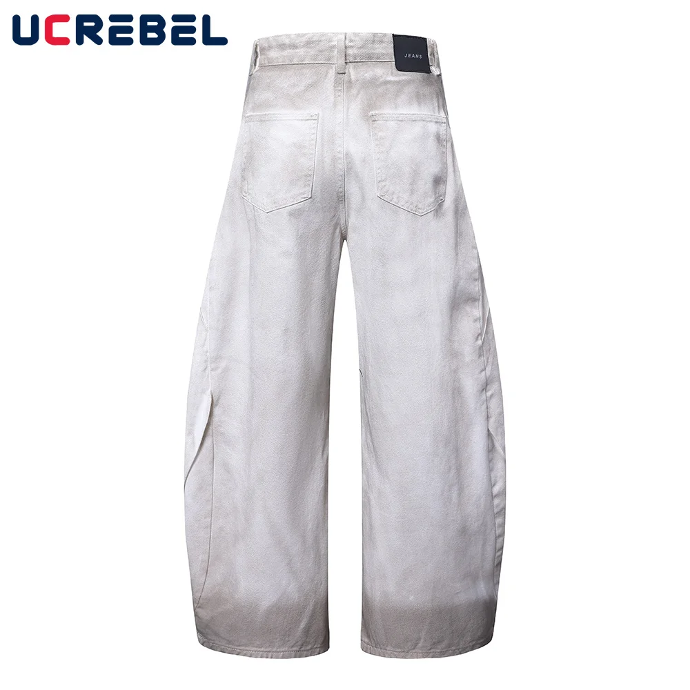 ล้าง Distressed Gradient ย้อมกางเกงยีนส์ Mens Spliced High Street หลวมขากว้าง Denim Scimitar กางเกงผู้ชาย