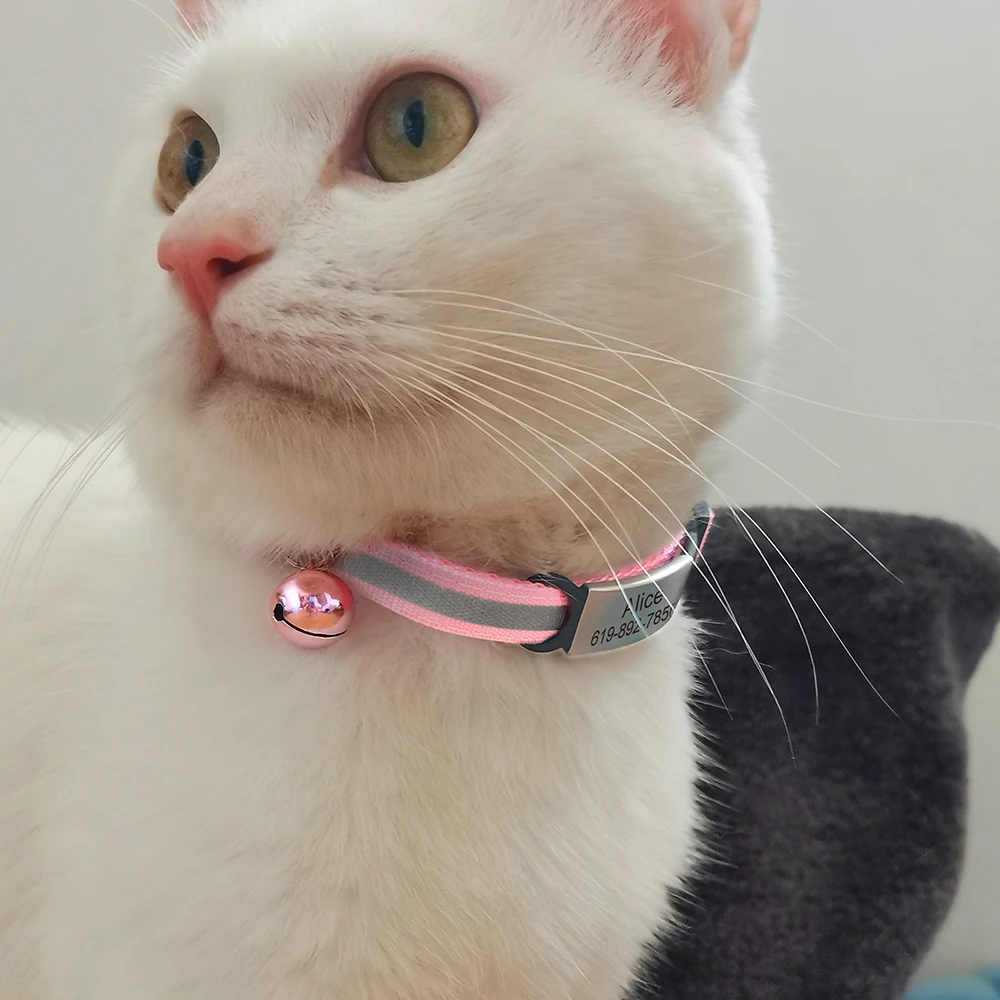 Personalized Cat Collar Reflective Safety Breakaway Cats Collars with Bell Quick Release ID Nameplate Necklace Free Engraving