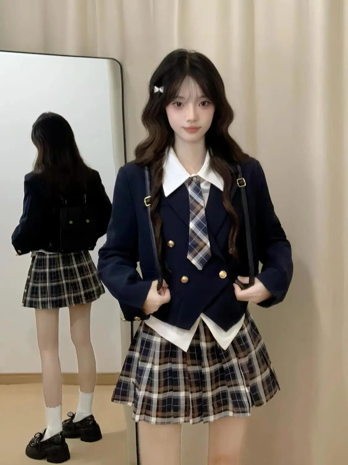 

Spring Women Korean Sweet Long Sleeve Coat JK Uniform Plaid Pleated A-line Skirt Three Pieces Set Sailor Tee 2025 New Clothing