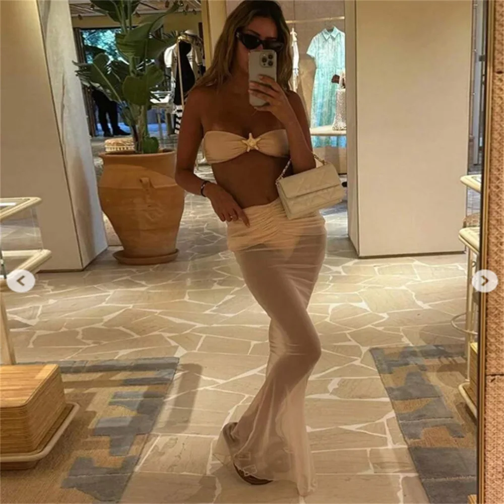 مجموعات نسائية أنيقة 2026 المرأة 3 قطعة رفع مجموعة البكيني بلون مع بقماش شفاف فستان طويل التستر تنورة الشاطئ البيضاء #2