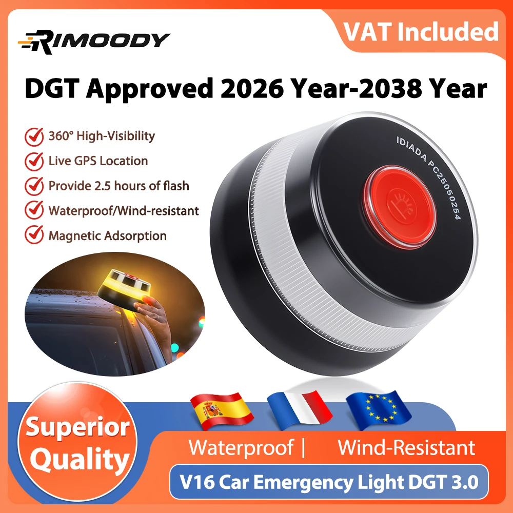 Rimoody Ultima luce di emergenza per auto V16 Geolocazione approvata DGT 3.0 SIM e dati pagati 2026-2038 con 360 °   Visione con batterie