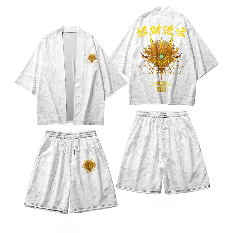 Fashion Casual Anime Dragon Print Two-piece Suit Summer Beach Two-piece Set Kimono + Shorts Men Japanese Haori  Women Cardigan