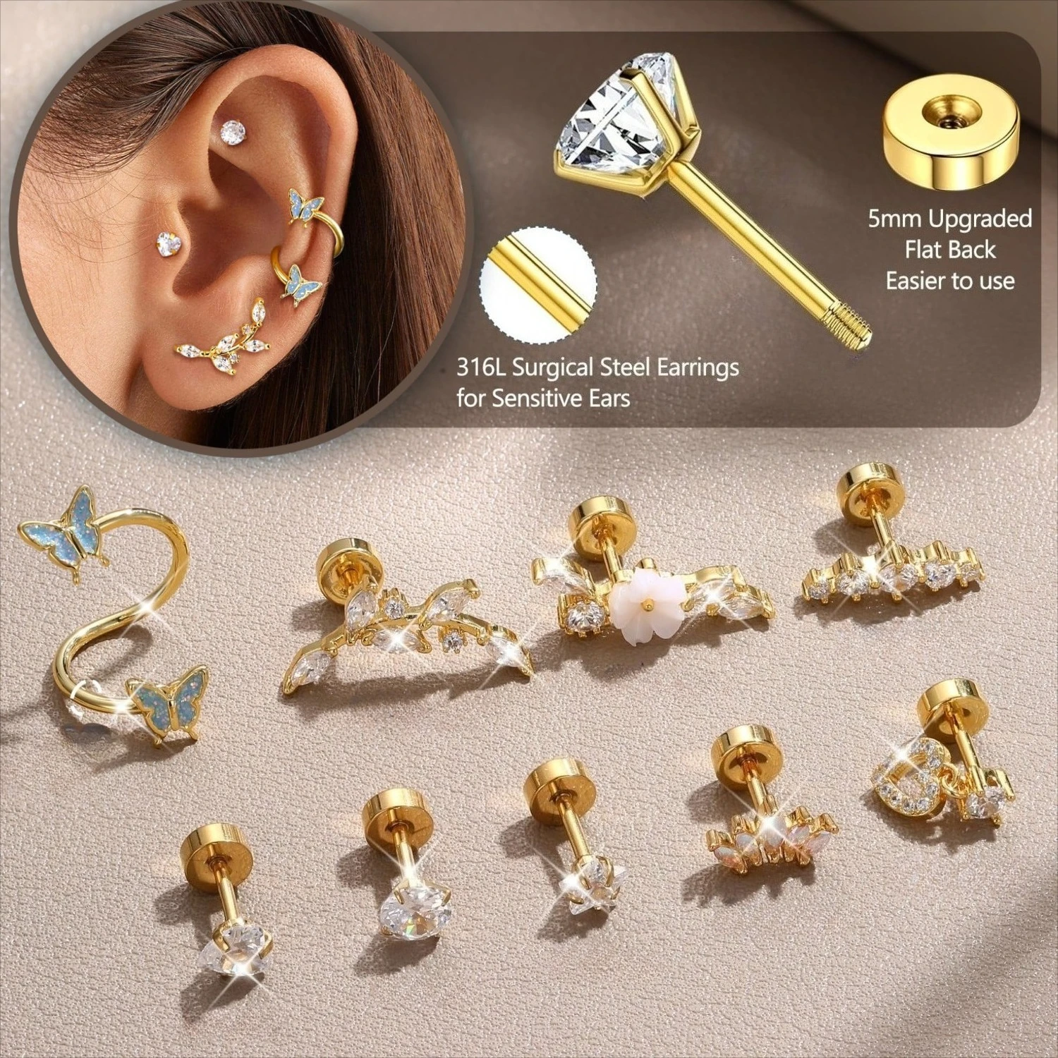 

Drperfect 1/9pcs Surgical Steel Helix Earrings for Women Conch Tragus Butterfly Flower Ear Piercing Hypoallergenic Dainty Jewel