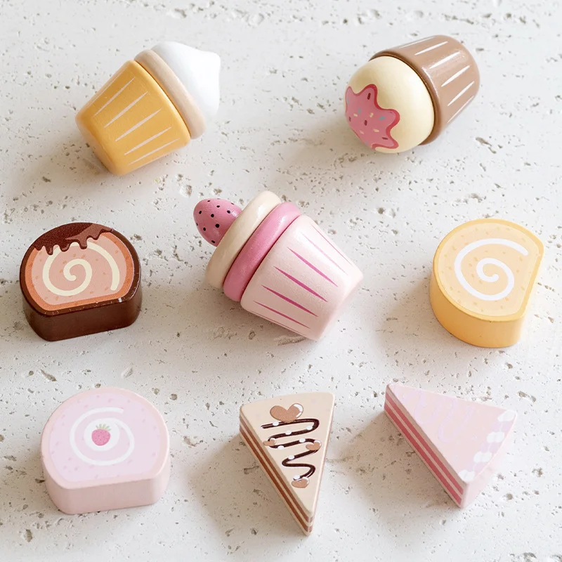 Kinderen Fantasiespel Houten Roze Dessert Taartrek Set Keuken Voedsel Spel Leren Educatief Montessori Speelgoed voor Kinderen Cadeau
