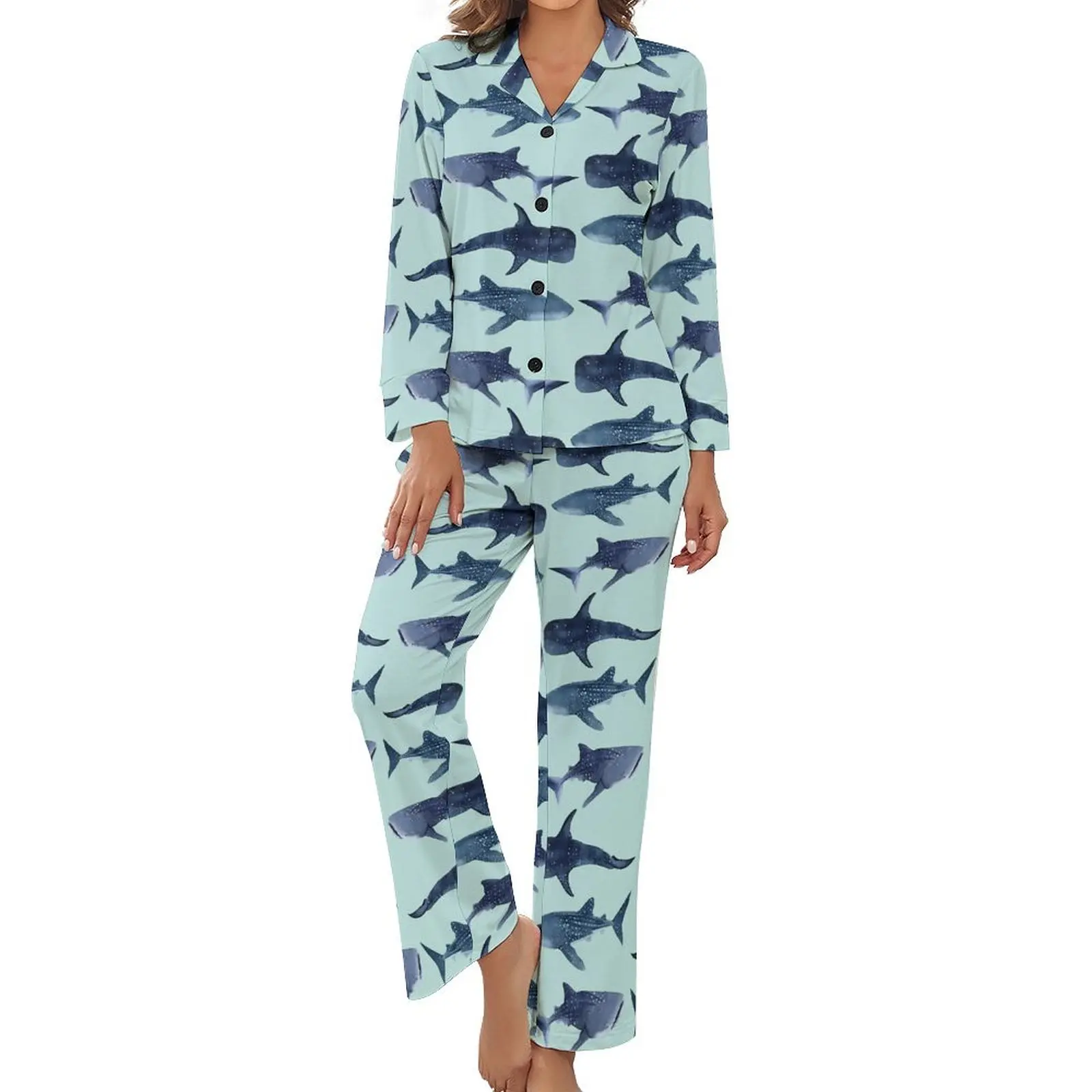 Whale Sharks Pajamas Light Blue Animal Aesthetic V Neck Sleepwear Women 2 Pieces Printed Long Sleeve Cute Pajama Sets