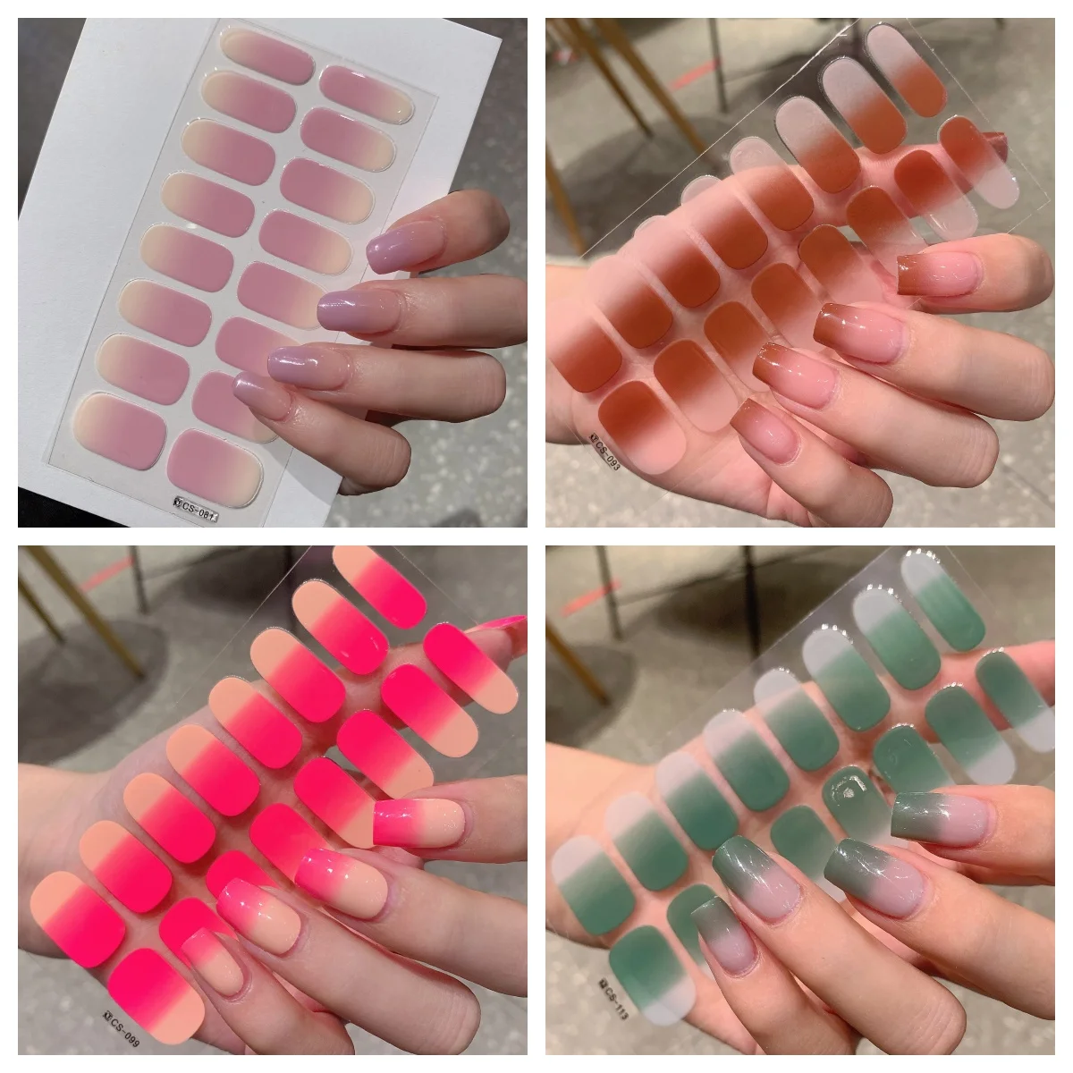 Pink Blue Full Cover Nail Sticker Gradient Color Self-Adhesive Simple Full Nail Wraps DIY Thermal Effect Nail Art Making Manicur