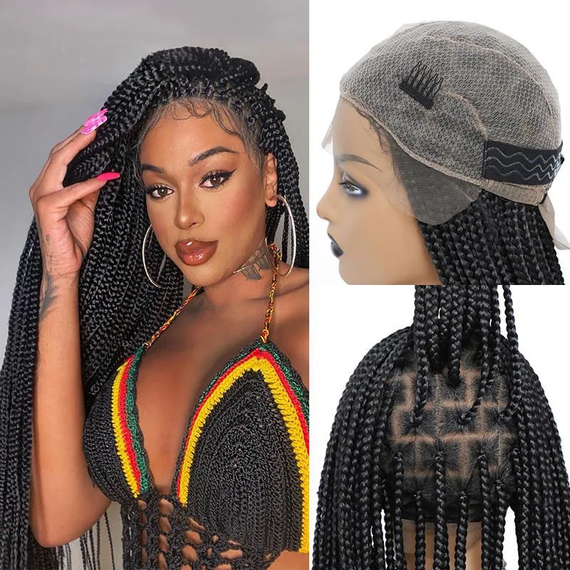 

New Fashion Synthetic Braided Full Lace Human Hair Wig Women Knotless Box Braids African High Quality Glueless Wigs Braid Female