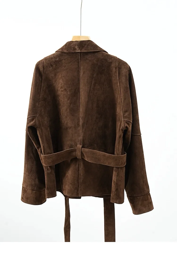 Retro francês high-end camurça jaqueta de couro para mulher casaco ruivo com cintura outwear feminino lapela