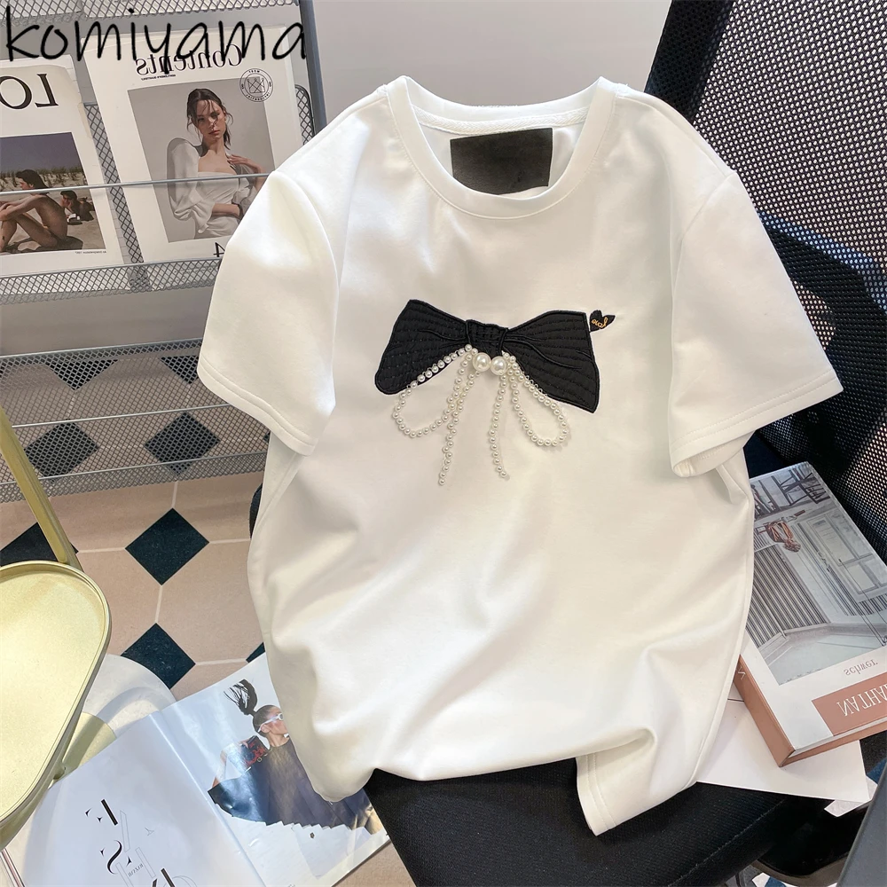 

Beads Bow Ropa De Mujer Round Neck Short Sleeve Woman Clothing Temperament Clothes Loose All-match T Shirt Summer Camisetas