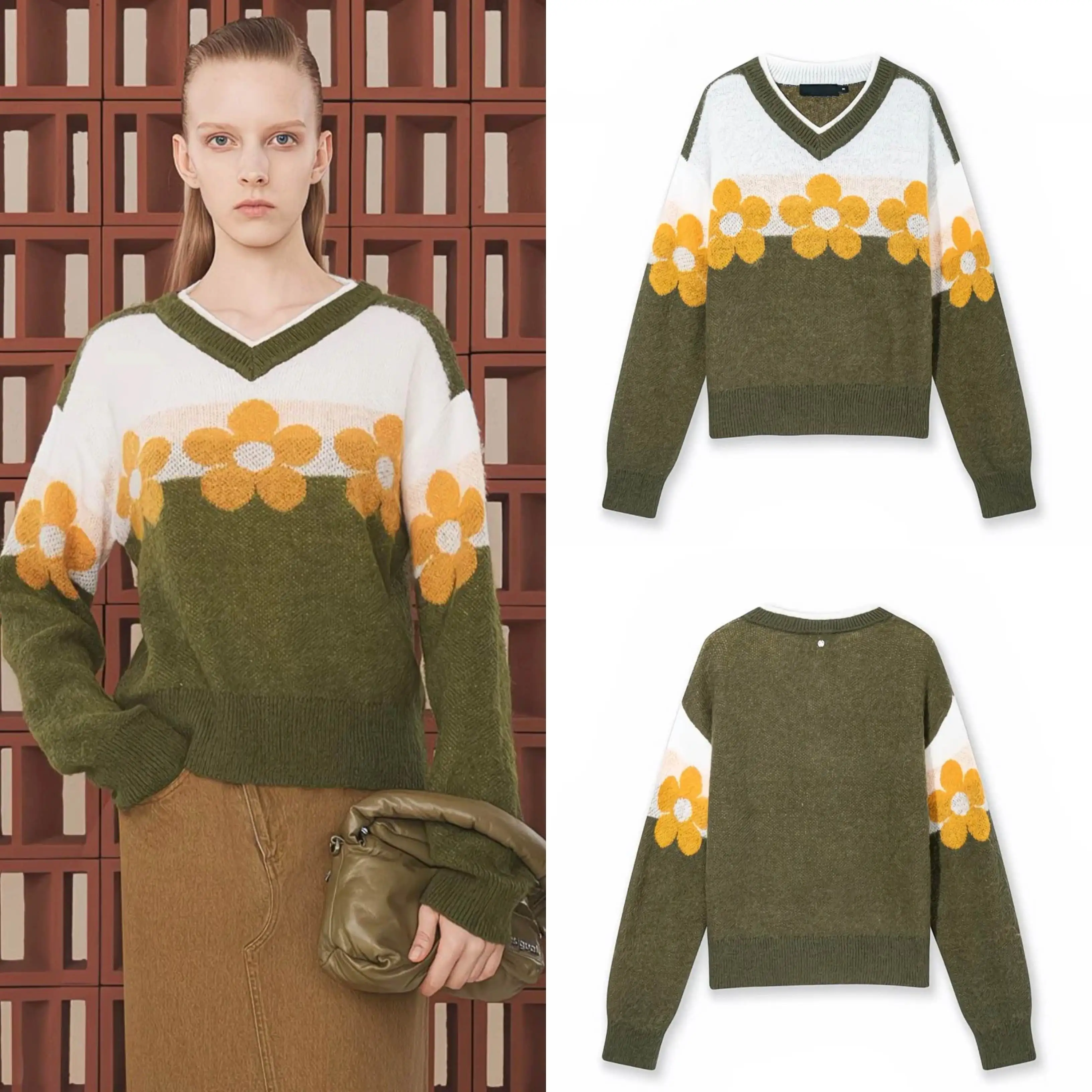 

European, American, Spanish original single sweater, contrasting floral jacquard V-neck long sleeved women's knitted sweater