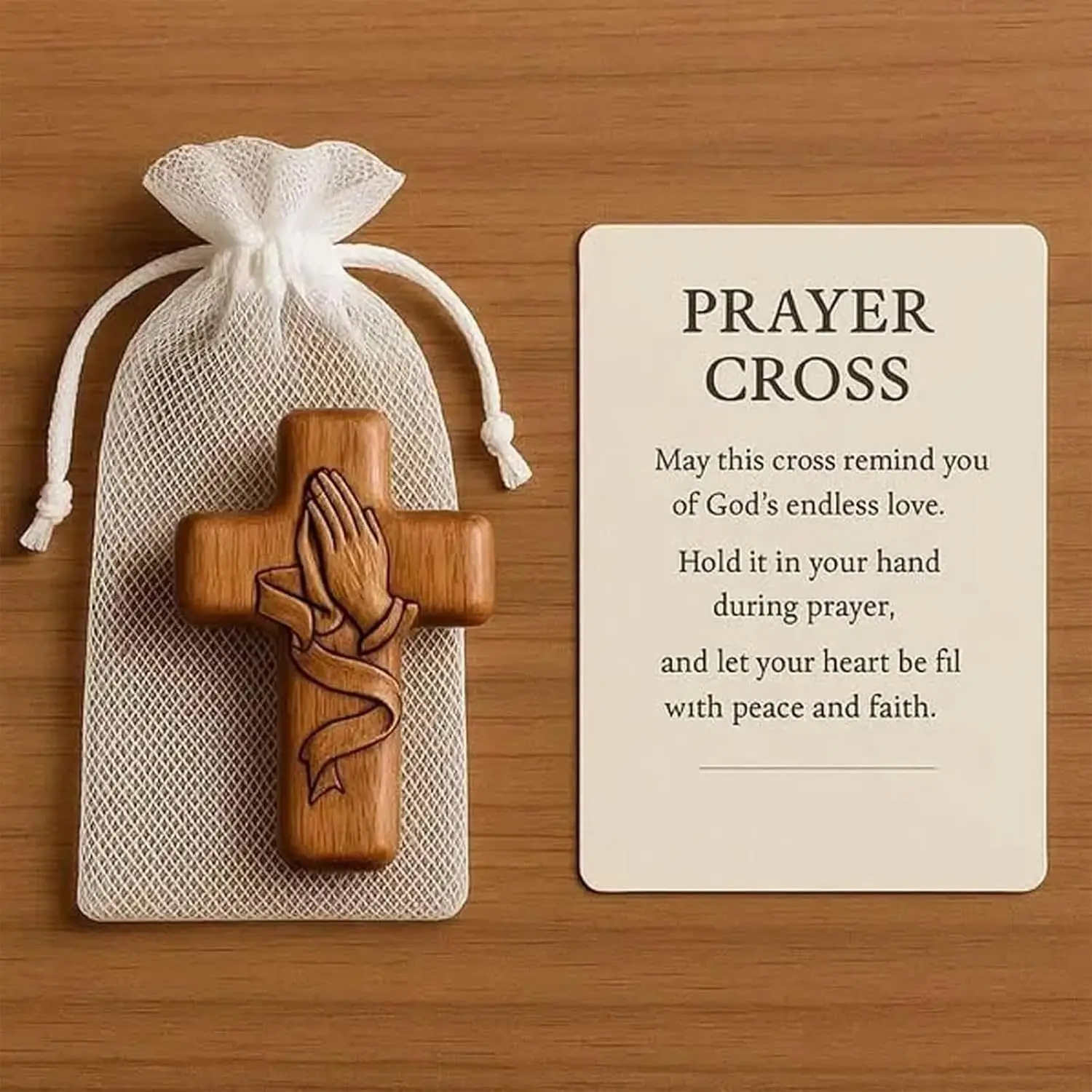 Wooden Prayer Cross with Praying Hands Pocket Mini Christian Faith Gift for Comfort Encouragement