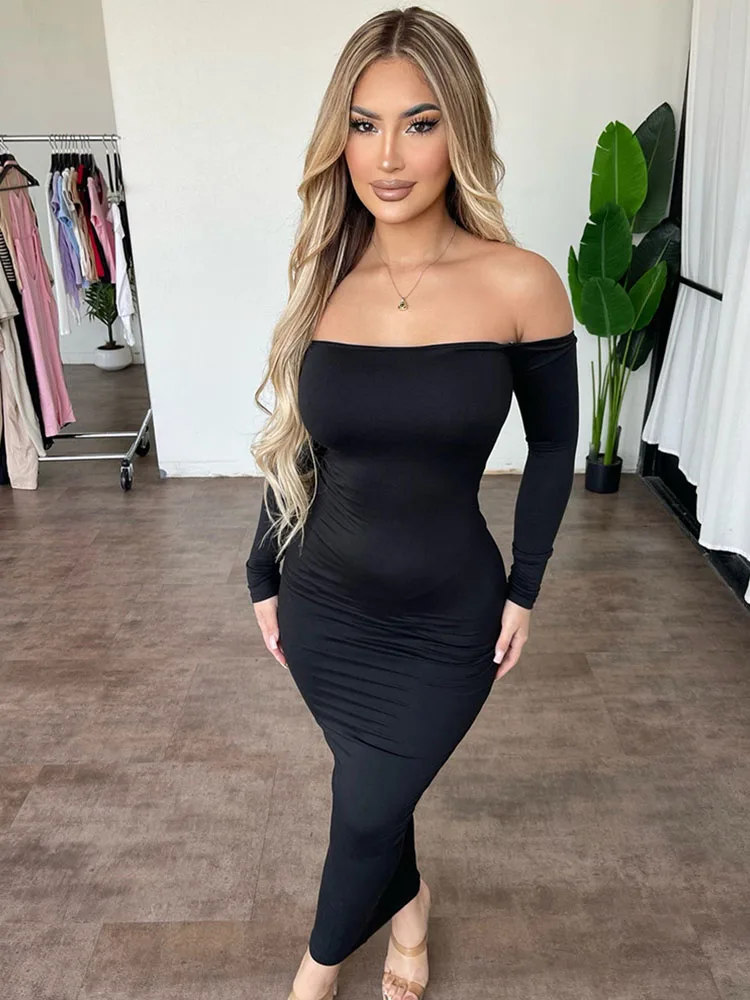 Sexy Off the Shoulder Slash Neck Party Dress Women Clothing Night Club Backless Ruched Bodycon Dresses Long Sleeves Vestidos