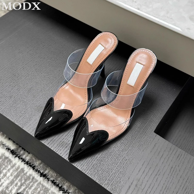 Stiletto Pointed Toe Leopard Sandals Transparent PVC Heart-shaped High Heels 2024 Summer Luxury Genuine Leather Fashion Slippers