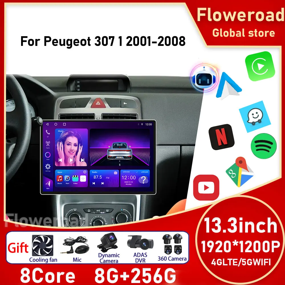 Android Auto For Peugeot 307 1 2001 - 2008 Car Radio GPS Navigation  Multimedia Player 2DIN BT Carplay Screen Autoradio Camera