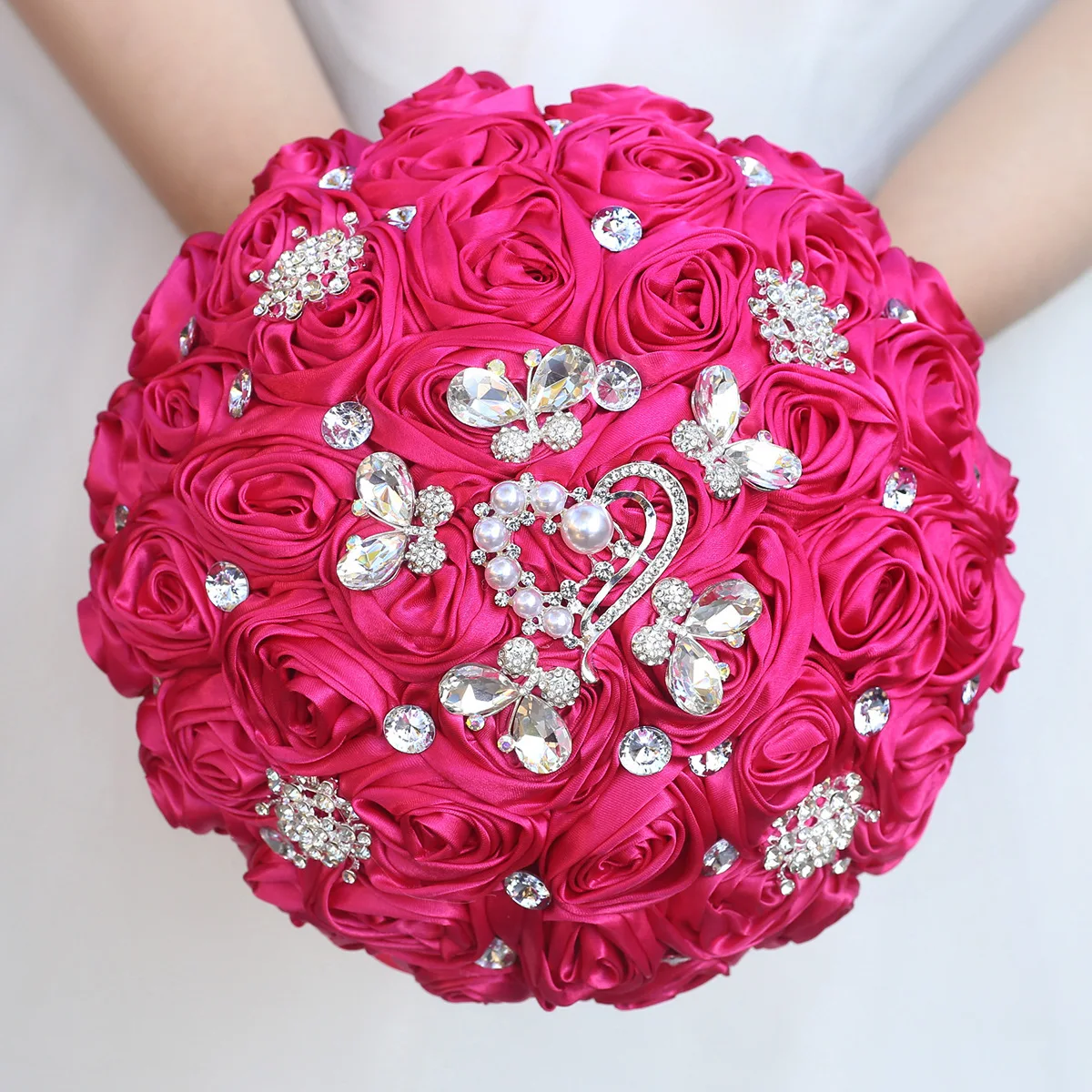 

Yannew Vibrant Hot Pink Rose Flower Wedding Bridal Bouquet with Rhinestones for Bride Bridesmaids Customize Quinceanera Bouquets