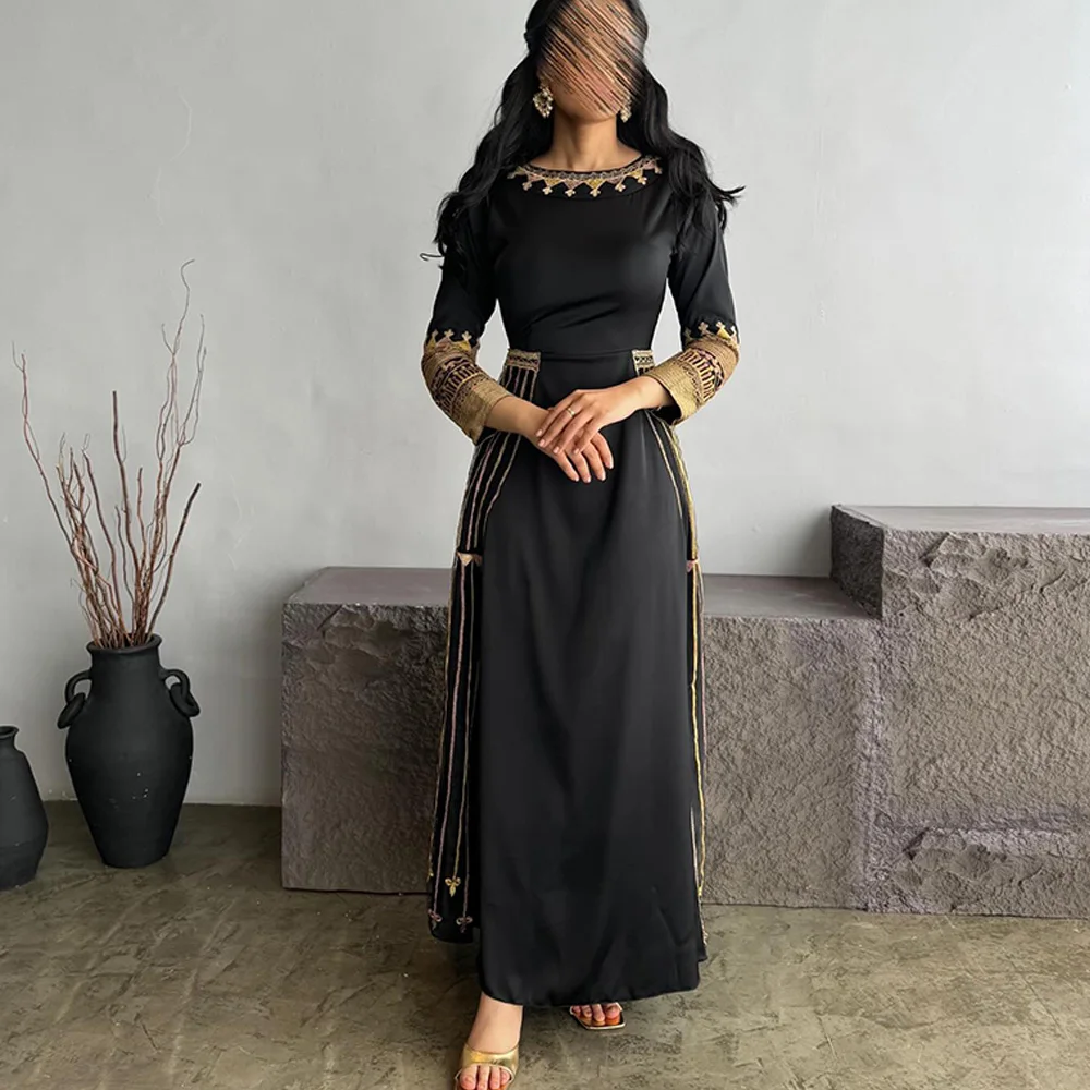 

Embroidery A-Line Crew neck Exquisite and High Quality Evening Dresses Ankle Length Special Occasion Gowns Satin Long Sleeves
