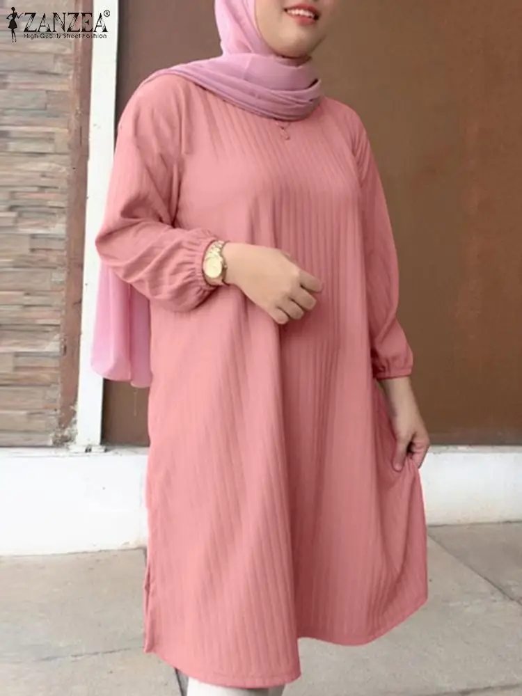 

ZANZEA Fashion Solid Muslim Blouse Woman Long Sleeve O-Neck Shirt Autumn Casual Party Islamic Clothing Elegant Loose Tops 2024