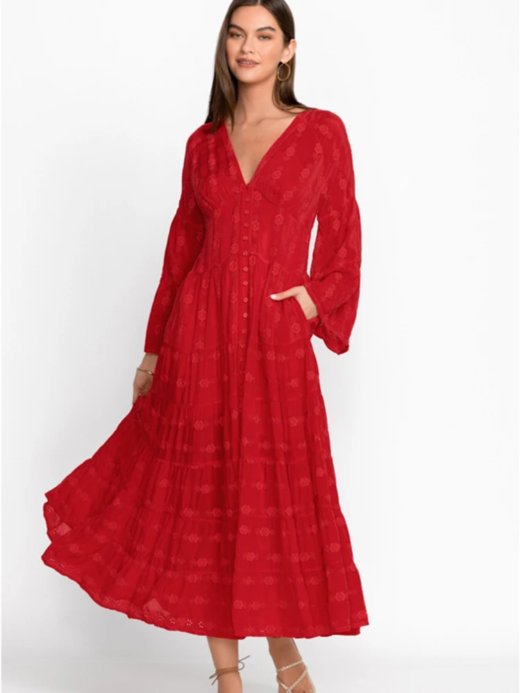 GypsyLady Floral Embroidery Chic Maxi Dresses Cotton Red Long Sleeve V-neck Spring Autumn Women Holiday Ladies Dress Vestidos