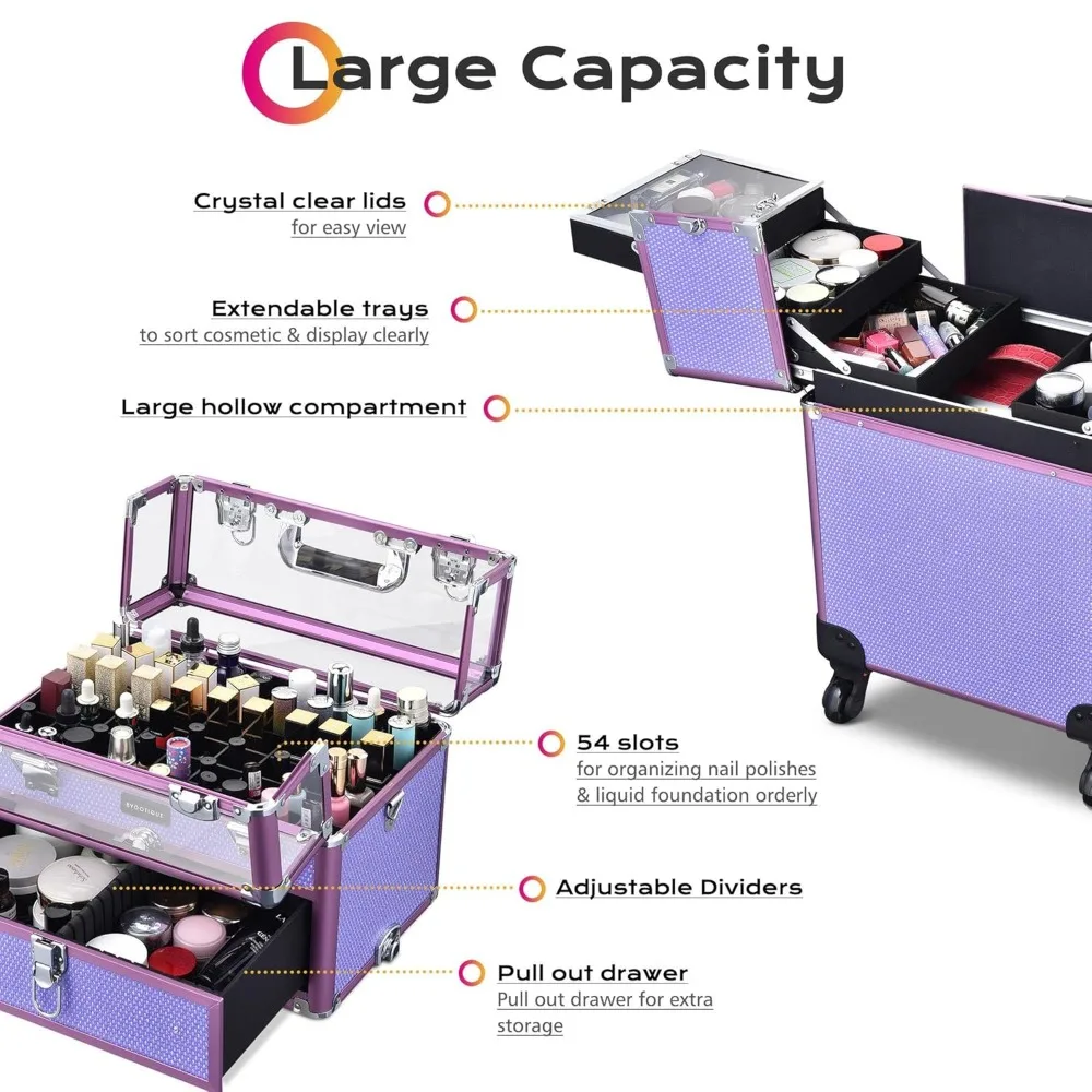 Portable Rolling Manicure Table Nail Polish Organizer Cosmetology Case on Wheels 2in1 Rolling Makeup Train Case with Drawer