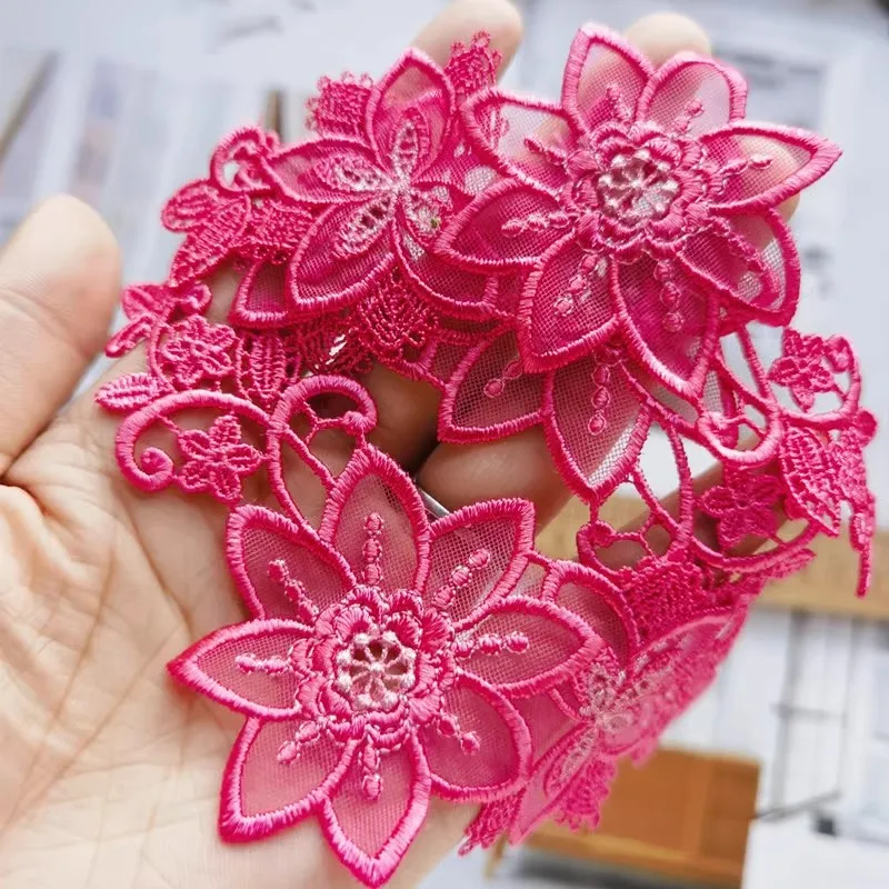 4PCS/Lot 6*13.5cm Fluorescent Rose Red Fuchsia Color Flower Sewing Motif Venise Lace Applique for Garment Embroidery Lace Patch