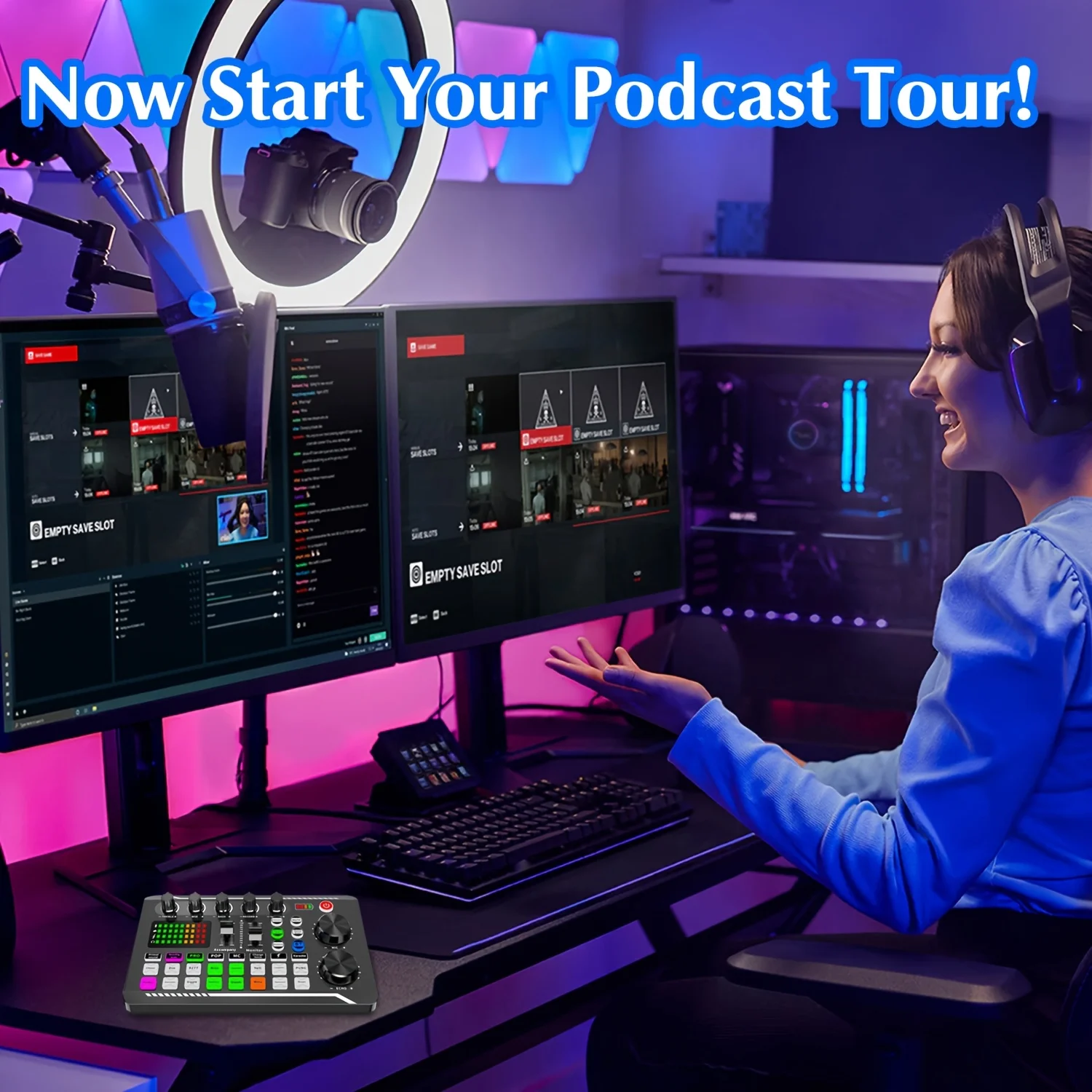 Rangkaian peralatan podcast, antarmuka audio all-in-one dengan mikrofon kondensor studio, ideal untuk podcasting