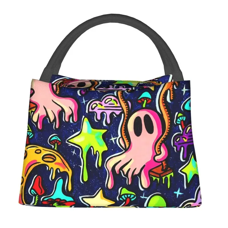 Trippy Skull Magic Mushroom Portable Lunch Boxes Women Waterproof Spooky Ghost Swings Thermal Cooler Food Insulated Lunch Bag