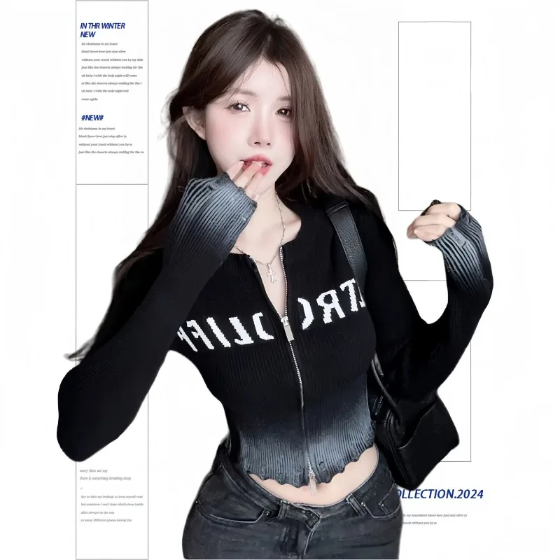 

Gothic Double Zipper Gradient Knitted Cardigan 2025 Autumn New Bottoming Coat Women American Vintage Y2k Slim Fit Sweaters
